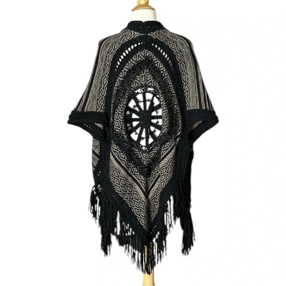 ANTHROPOLOGIE Galenia Cardigan Bohemian Crochet Fringe Lambswool Tribal, OS